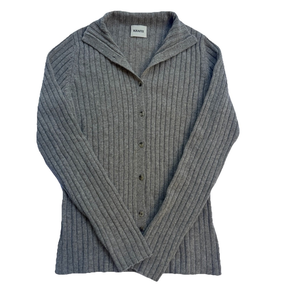 Khaite Rare Juni 100% Cashmere Cardigan‎ Sweater Medium Oatmeal Lightweight Lux - Picture 2 of 10